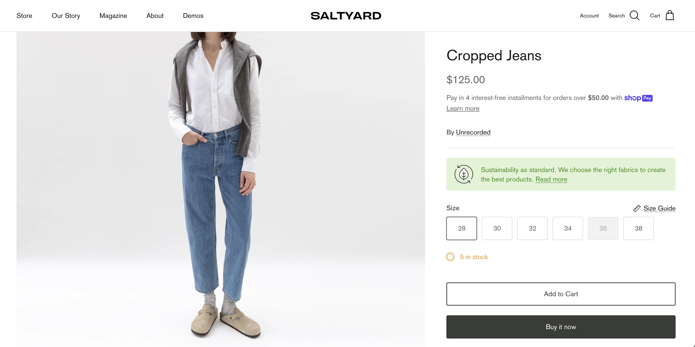 Screenshot of a cropped jeans product page from Saltyard’s website using Symmetry theme that is one of the best Shopify themes for clothing brands.